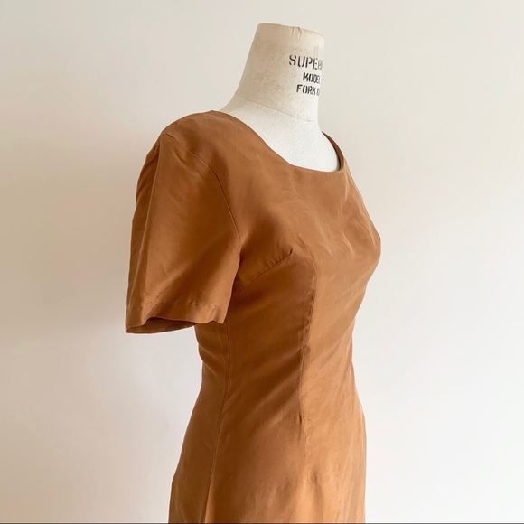 ❌SOLD❌ Vintage 90s 100% Silk Ochre Sheath Deadstock Dress - Picture 3 of 9
